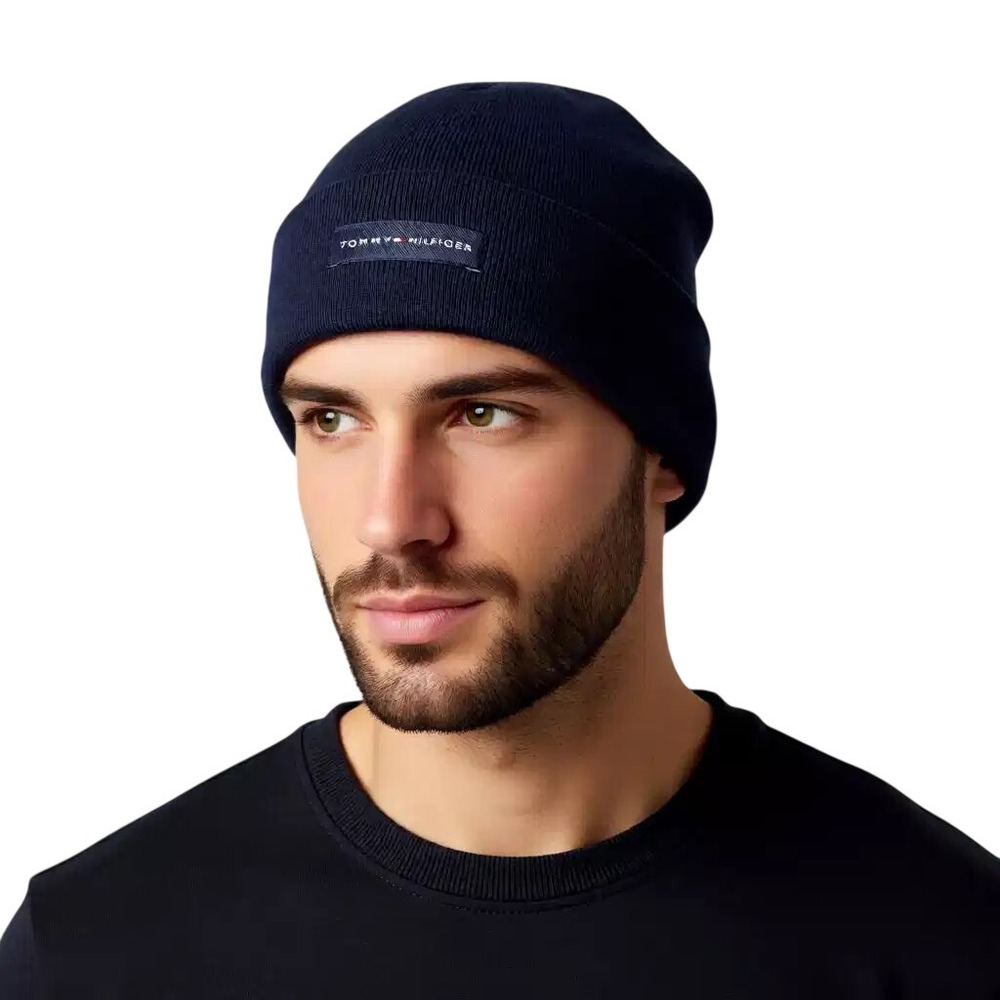 Tommy Hilfiger Mens Fleece Lined Beanie Navy Blue Cuffed Knit Winter Hat NWT